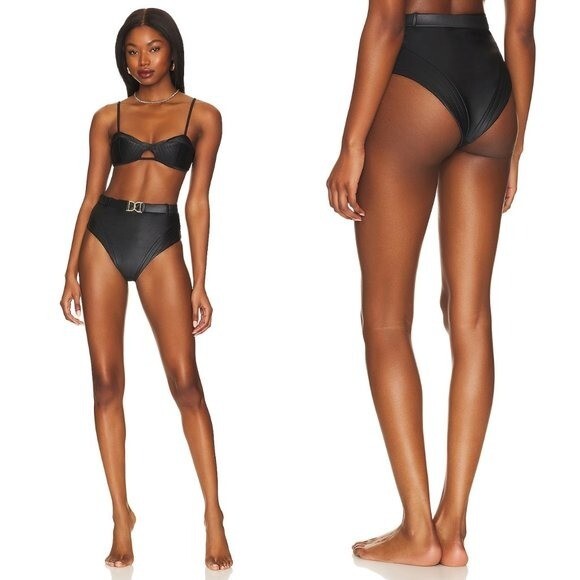 Devon Windsor Delilah Metallic Black High Waist Bikini Swim Bottom Size M NEW